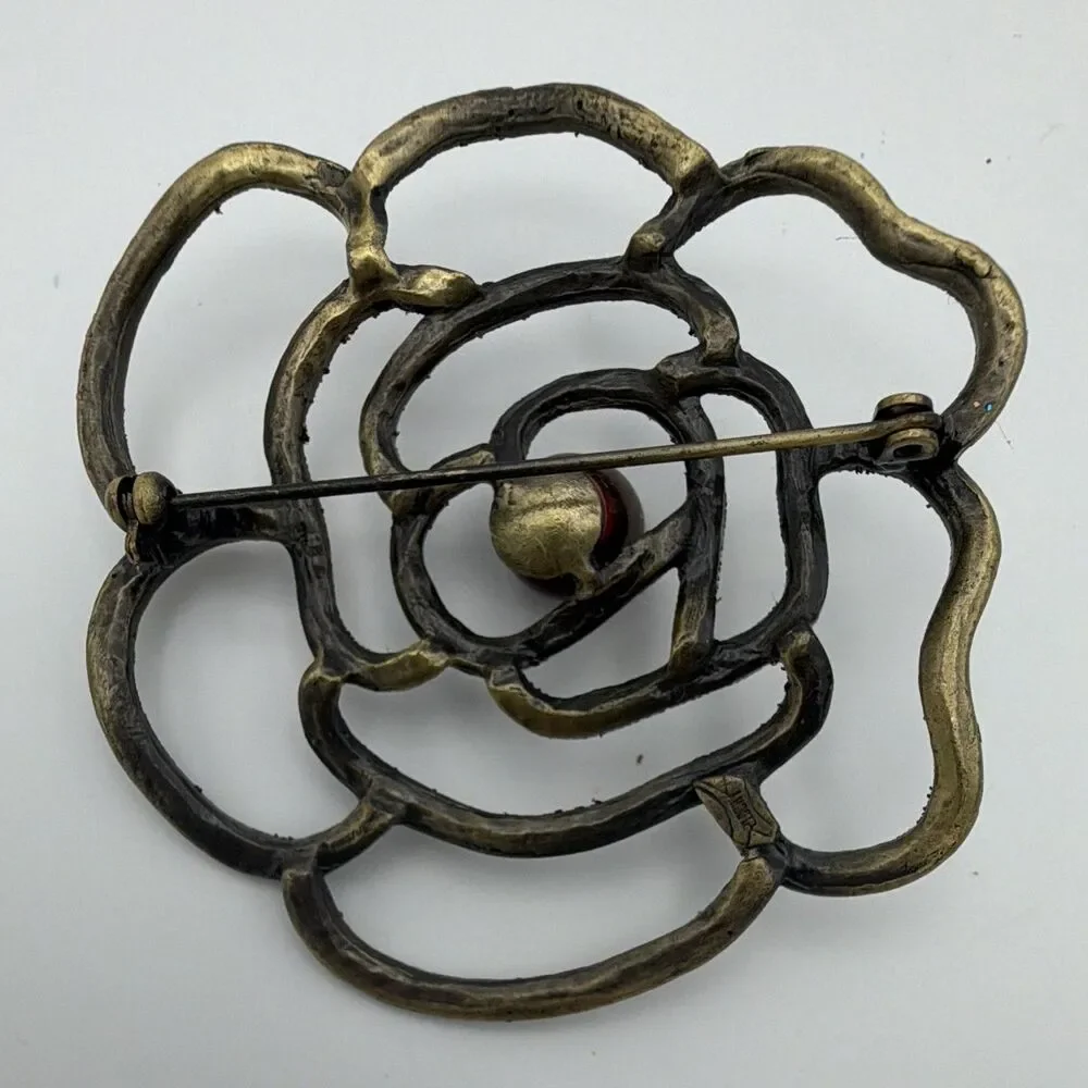 Brown & Gold Tone Flower Brooch Pin, Simulated Red Pearl Center, 2.50 in